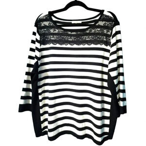 Roz & Ali Black and White Lace Striped Sweater Size 3X